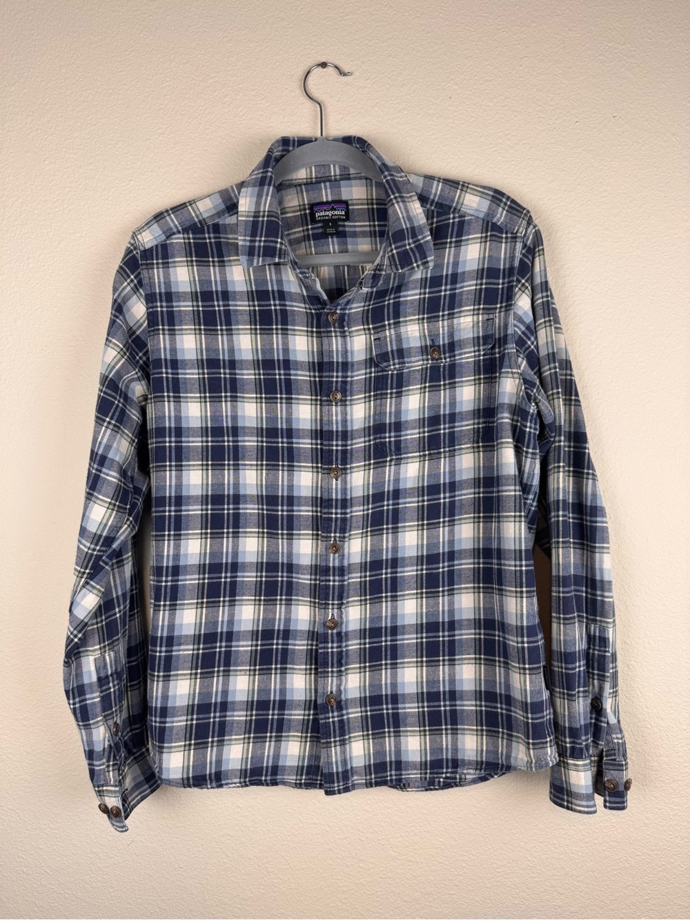 Patagonia Mens S Organic Cotton Plaid Shirt Blue Long Sleeve Outdoor Hiking